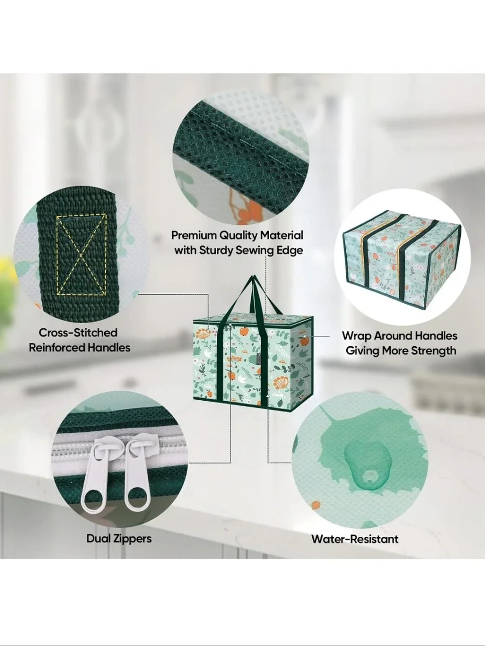 Insulated Floral Print Storage Tote Bag - Green